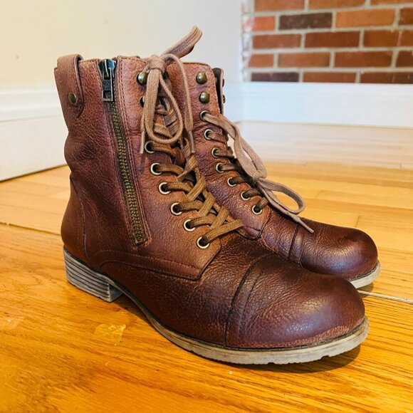 TaraM Womens Size 8 M Brown Leather Zip Laces Ankle Fashion Boots Bootie - Picture 1 of 16